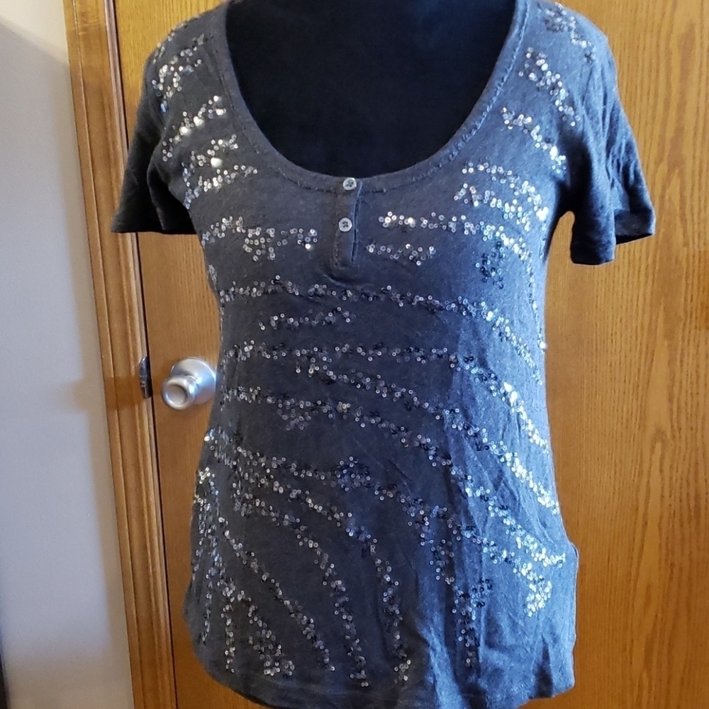 J crew grey NEW sequined top with distressed seams